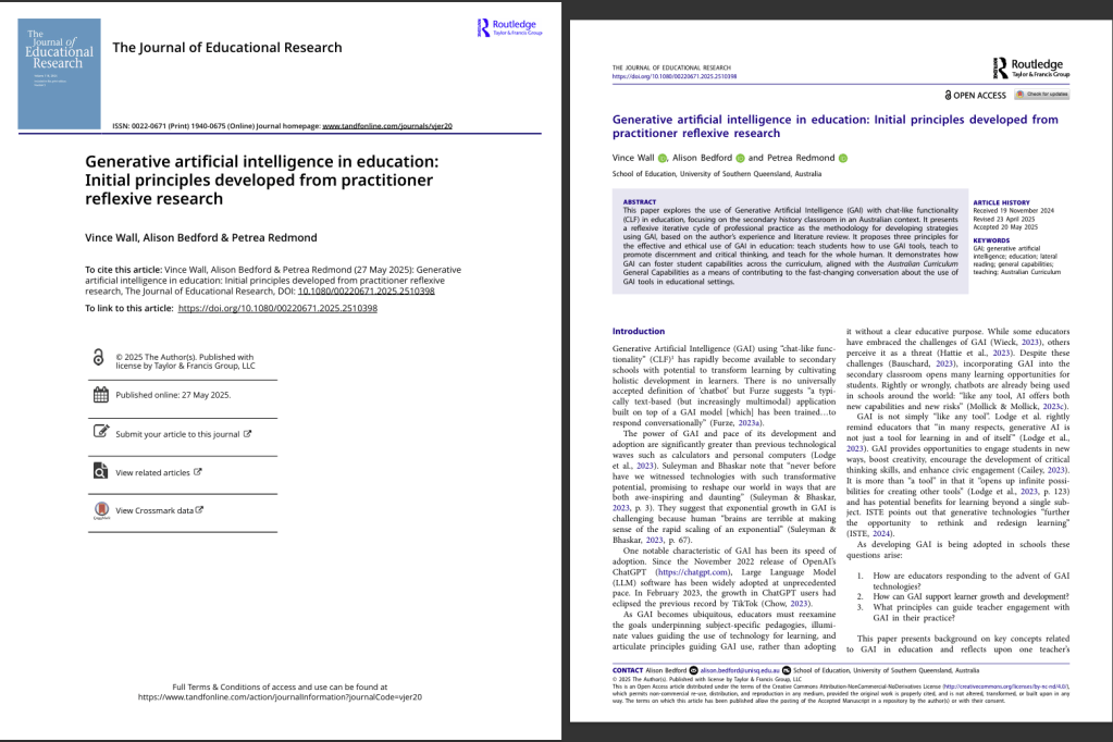 The cover page of the Journal of Educational Research featuring the article titled 'Generative artificial intelligence in education: Initial principles developed from practitioner reflexive research' by Vince Wall, Alison Bedford, and Petrea Redmond.